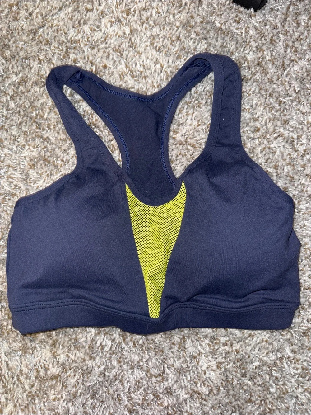 Navy Sports Bra with Yellow Mesh V-Panel - Women's High Support